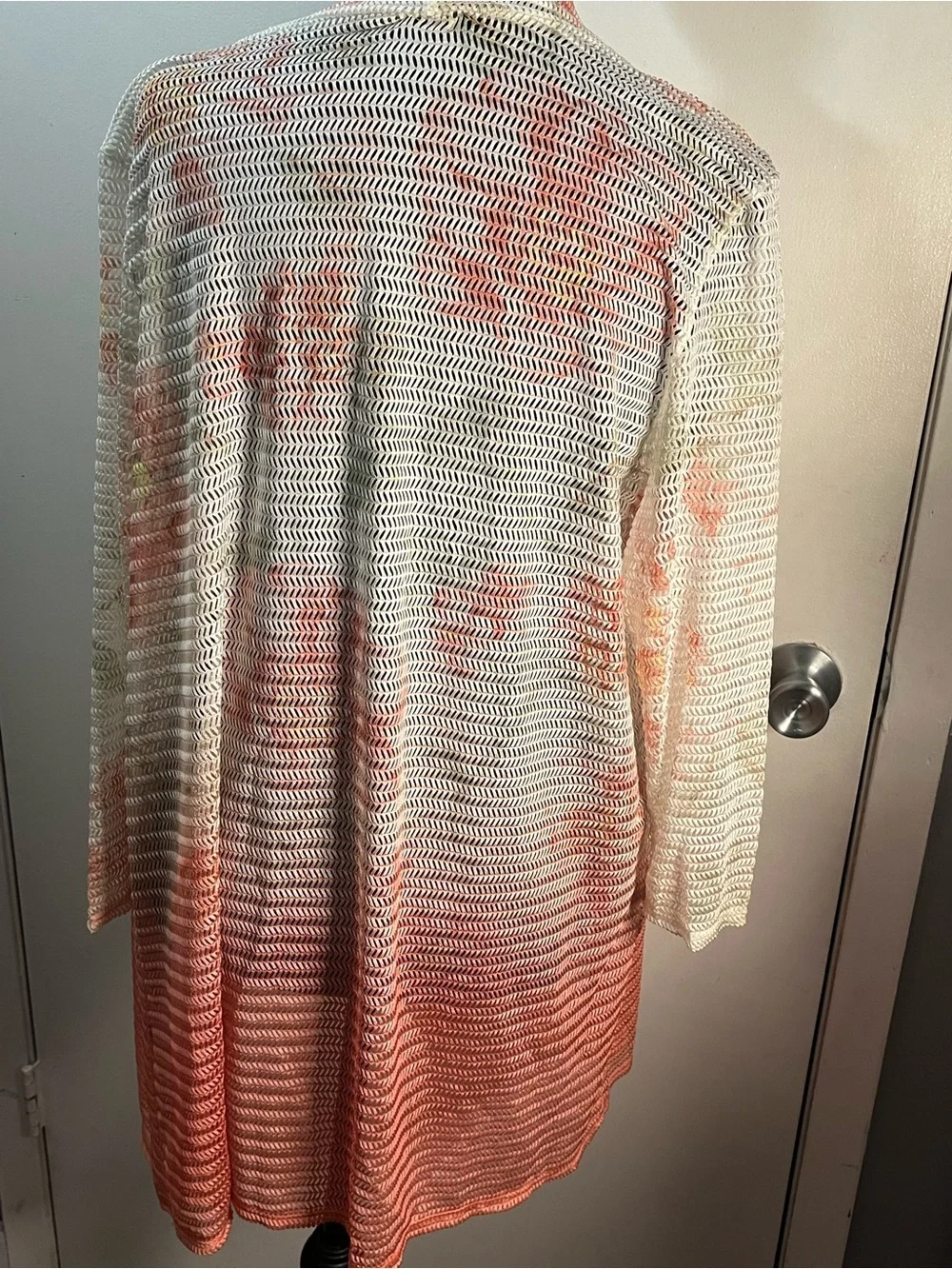 CALstyle White and Peach Open-Weave Draped Cardigan